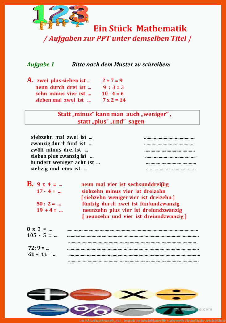 Ein StÃ¼ck Mathematik /AB/ - Deutsch Daf Arbeitsblatter für mathematik für ausländer arbeitsblätter