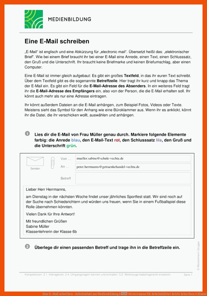 Eine E-Mail schreiben - Arbeitsblatt zur Medienbildung â Westermann für arbeitsblätter briefe schreiben 5 klasse