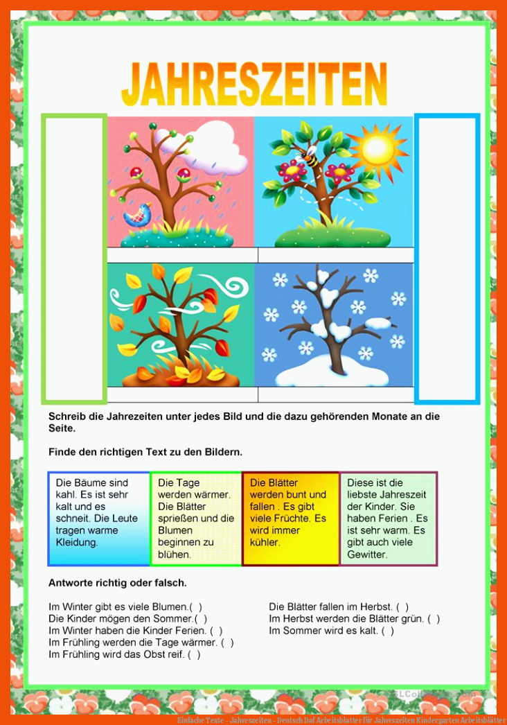 Einfache Texte - Jahreszeiten - Deutsch Daf Arbeitsblatter für jahreszeiten kindergarten arbeitsblätter