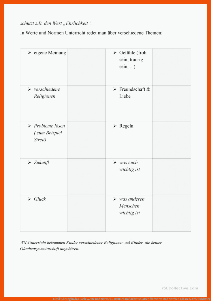 EinfÃ¼hrung in das Fach Werte und Normen - Deutsch Daf Arbeitsblatter für werte und normen klasse 5 arbeitsblätter