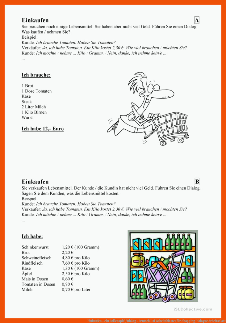 Einkaufen - ein Rollenspiel/Dialog - Deutsch Daf Arbeitsblatter für shopping dialogue arbeitsblatt