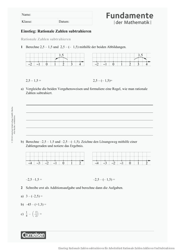 Einstieg: Rationale Zahlen subtrahieren für Arbeitsblatt Rationale Zahlen Addieren Und Subtrahieren