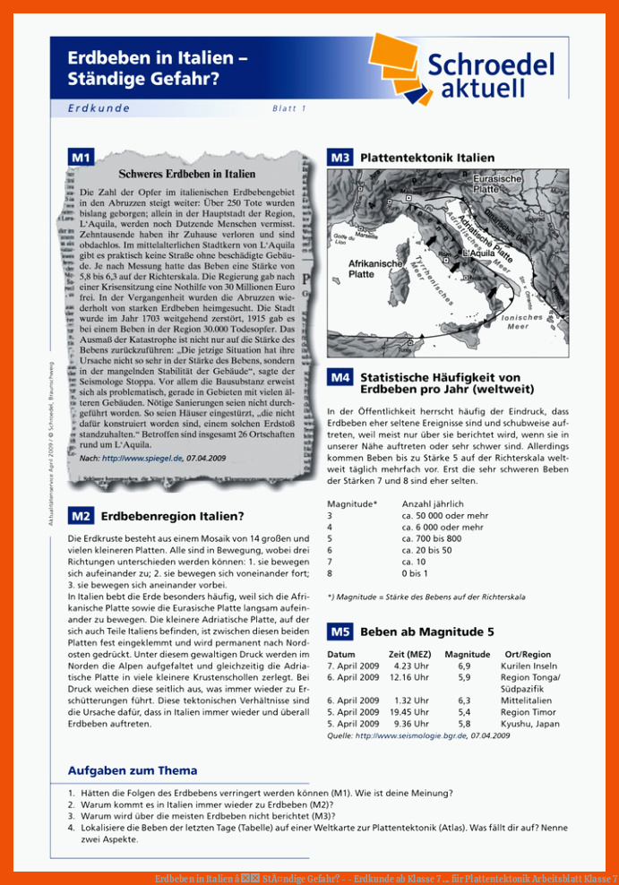 Erdbeben in Italien â StÃ¤ndige Gefahr? - - Erdkunde ab Klasse 7 ... für plattentektonik arbeitsblatt klasse 7