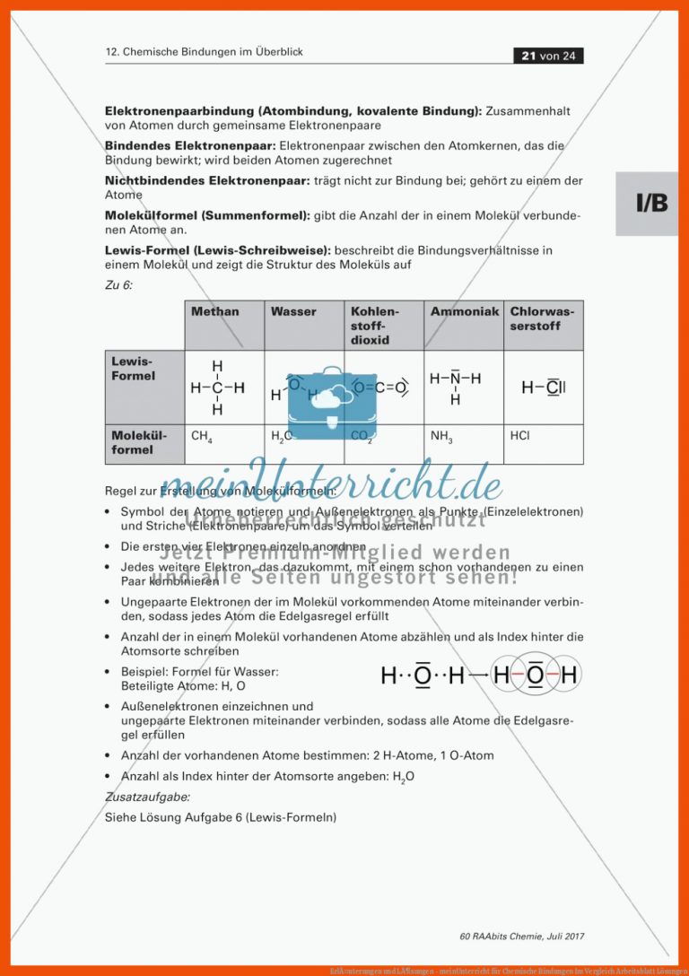 ErlÃ¤uterungen und LÃ¶sungen - meinUnterricht für chemische bindungen im vergleich arbeitsblatt lösungen