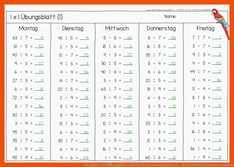 Eulenpost - 1x1 Ãbungsblatt 1 | ArbeitsblÃ¤tter zum ausdrucken, 3 ... für arbeitsblatt einmaleins gemischt