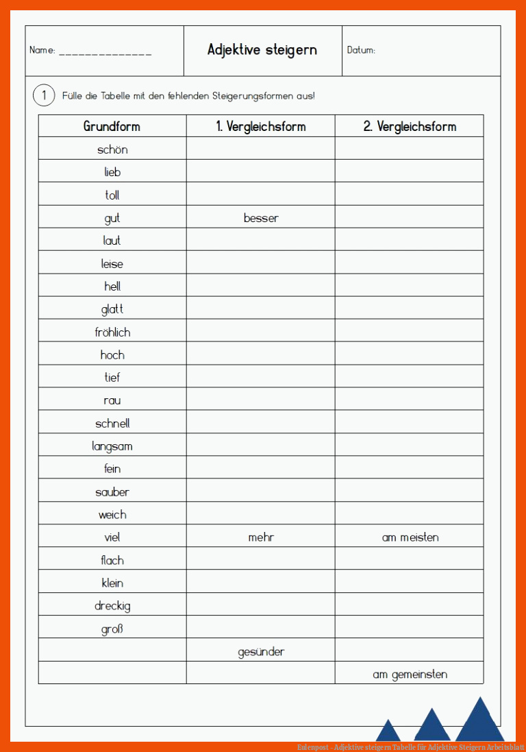 Eulenpost - Adjektive steigern Tabelle für adjektive steigern arbeitsblatt