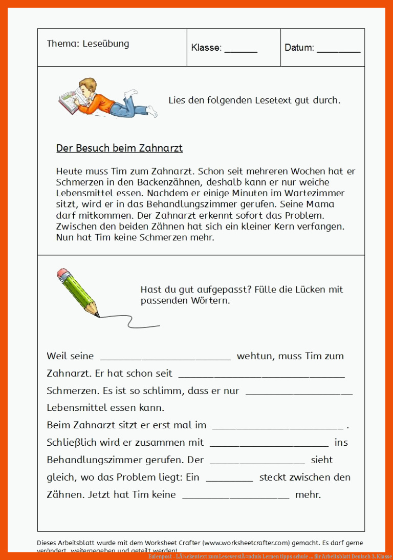 Eulenpost - LÃ¼ckentext zum LeseverstÃ¤ndnis | Lernen tipps schule ... für arbeitsblatt deutsch 3. klasse