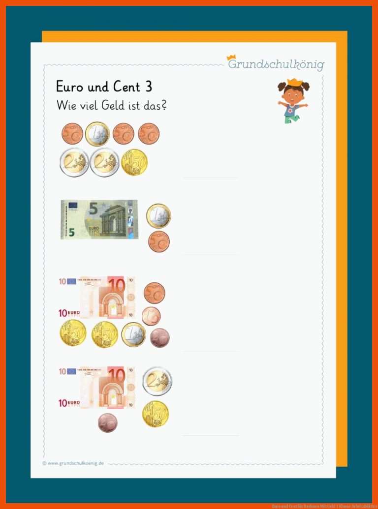 Euro und Cent für rechnen mit geld 1 klasse arbeitsblätter