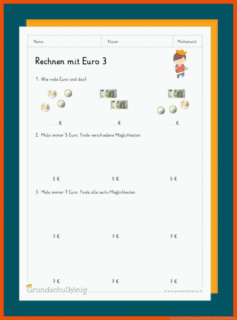 Euro Und Cent Fuer Rechnen Mit Geld 1 Klasse Arbeitsblätter