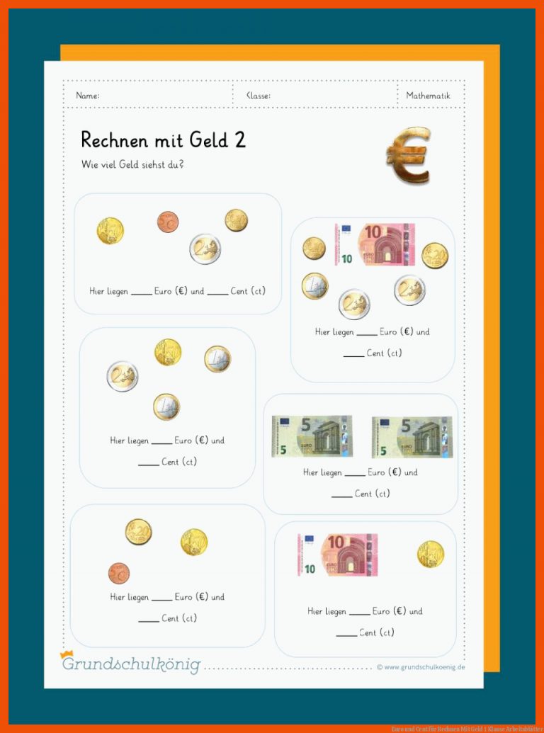 Euro und Cent für rechnen mit geld 1 klasse arbeitsblätter