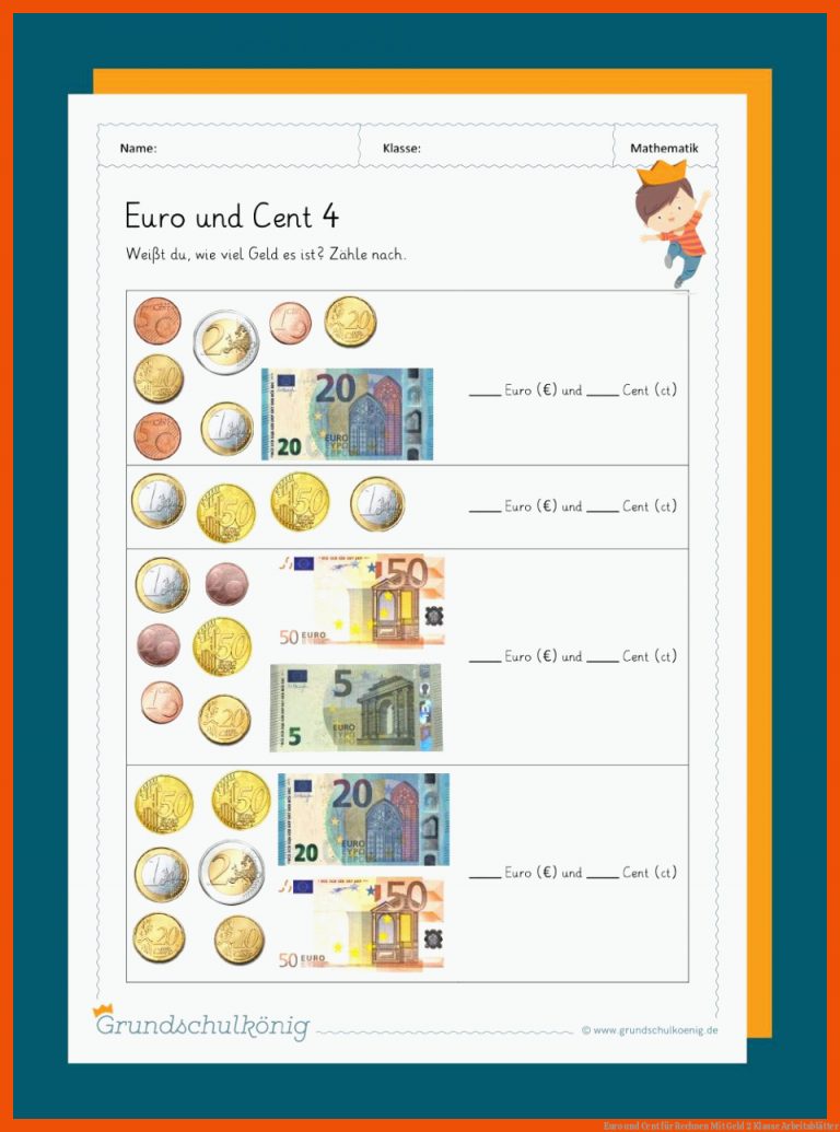 Euro und Cent für rechnen mit geld 2 klasse arbeitsblätter