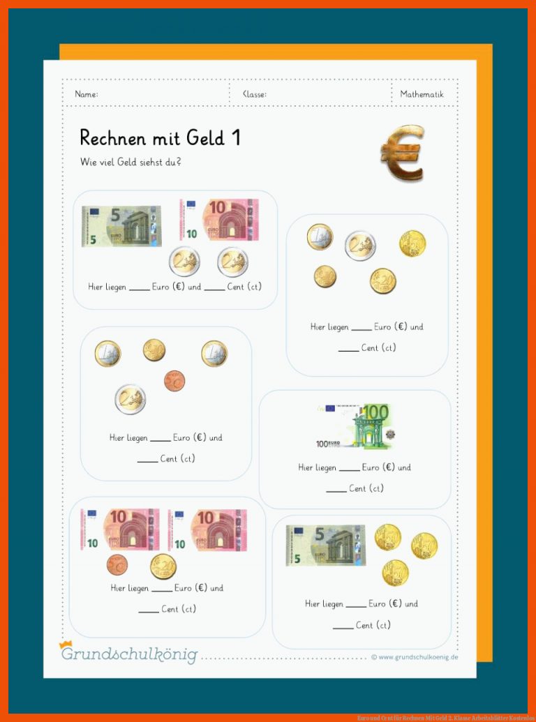 Euro und Cent für rechnen mit geld 2. klasse arbeitsblätter kostenlos