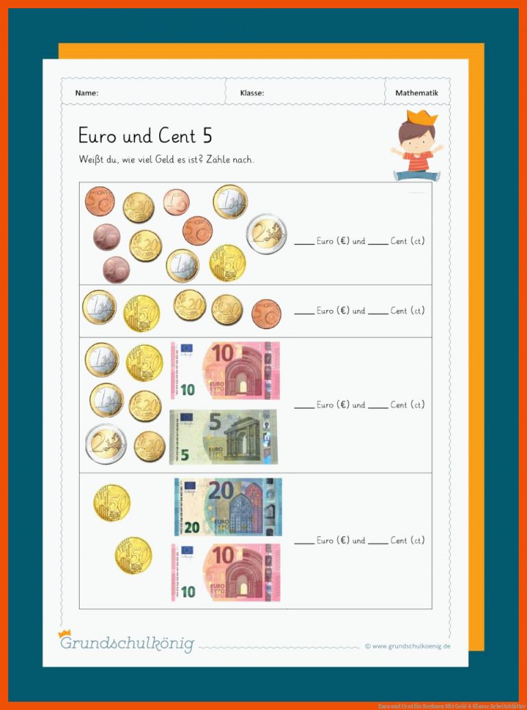 Euro und Cent für rechnen mit geld 4 klasse arbeitsblätter