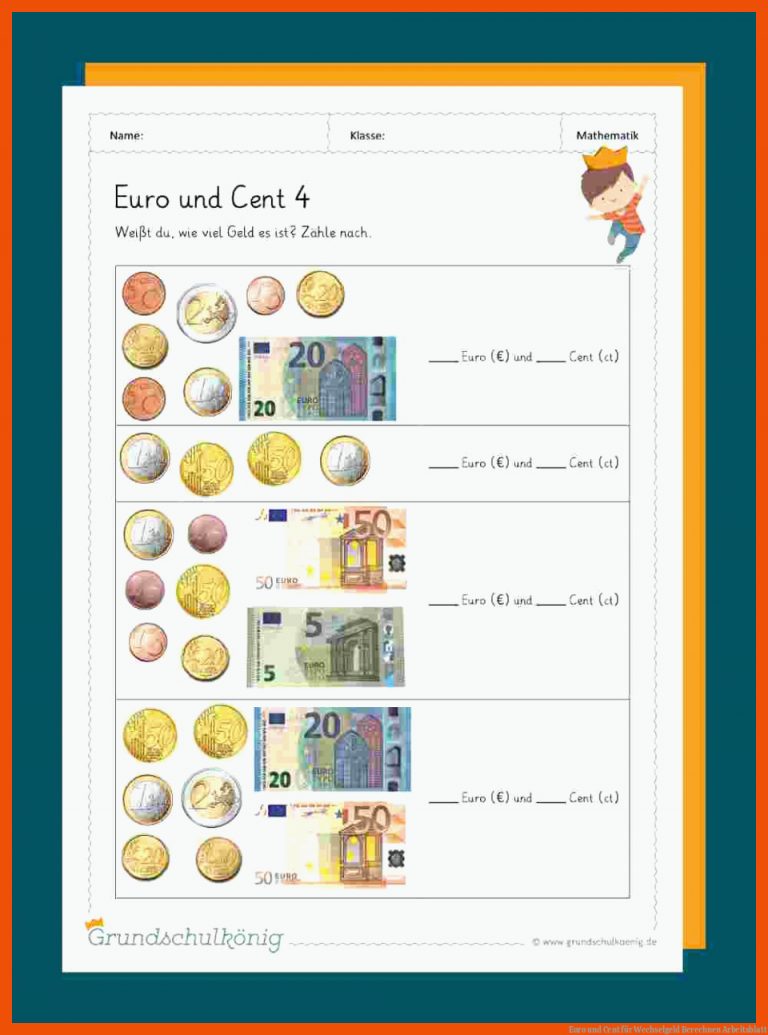 Euro und Cent für wechselgeld berechnen arbeitsblatt
