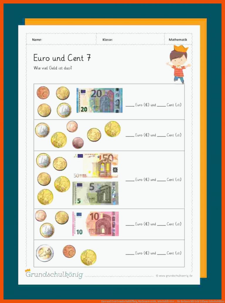 Euro und Cent | GrundschulkÃ¶nig, Matheunterricht, ArbeitsblÃ¤tter ... für rechnen mit geld 2 klasse arbeitsblätter