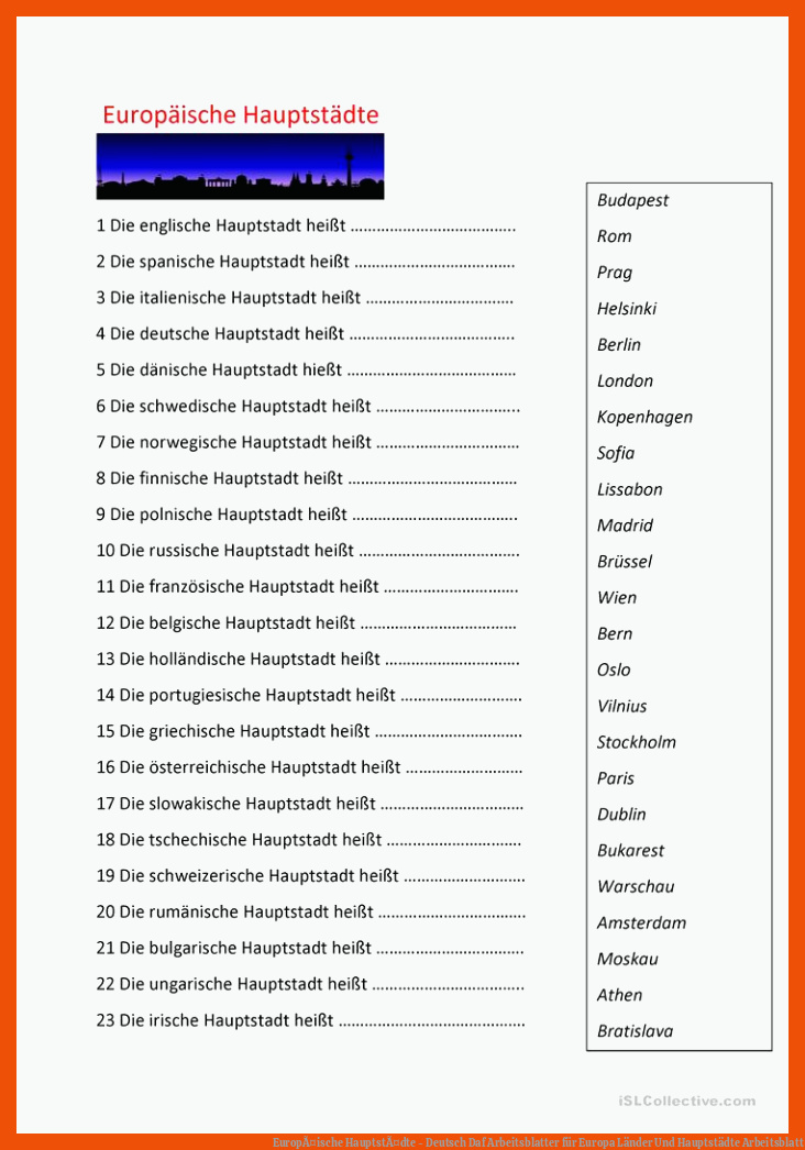 EuropÃ¤ische HauptstÃ¤dte - Deutsch Daf Arbeitsblatter für europa länder und hauptstädte arbeitsblatt