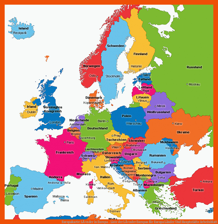 Europakarte: LÃ¤nder in Europa - Liste der LÃ¤nder Europas für europa länder und hauptstädte arbeitsblatt