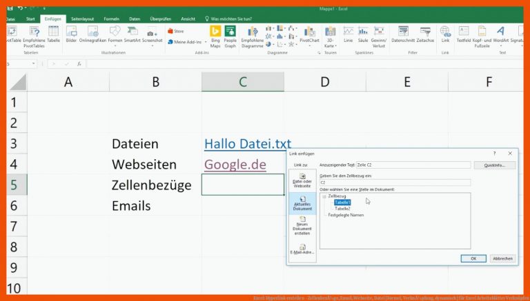 Excel: Hyperlink erstellen - ZellenbezÃ¼ge, Email, Webseite, Datei [Formel, VerknÃ¼pfung, dynamisch] für excel arbeitsblätter verknüpfen