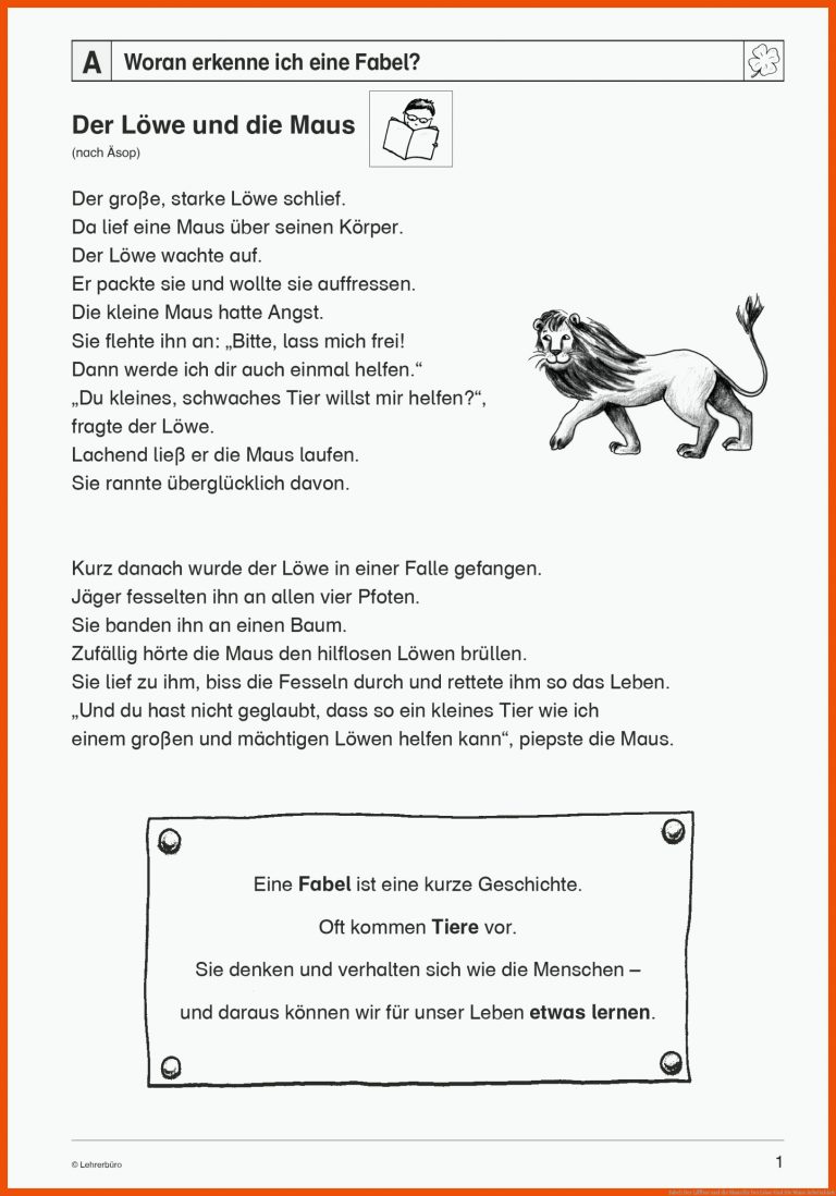 Fabel: Der LÃ¶we und die Maus für der löwe und die maus arbeitsblatt