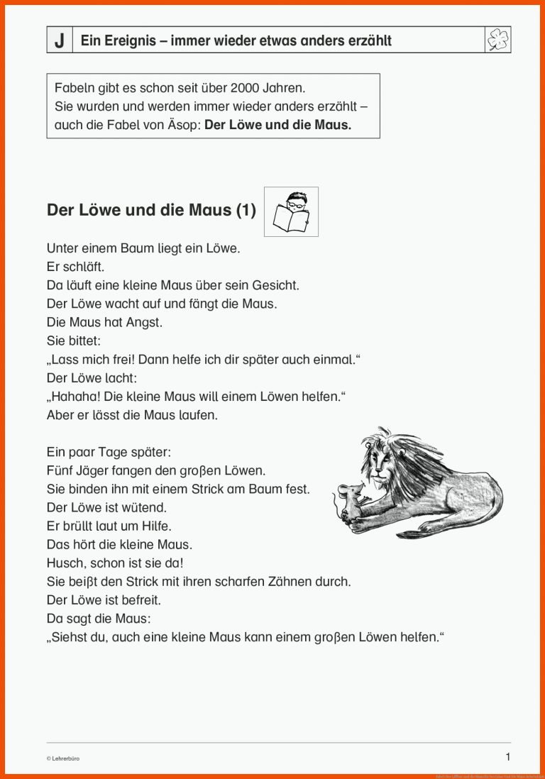 Fabel: Der LÃ¶we und die Maus für der löwe und die maus arbeitsblatt