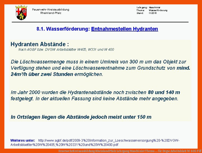 FeuerwehrKreisausbildung RheinlandPfalz Lehrgang Maschinist Thema ... für dvgw arbeitsblatt w 405 pdf