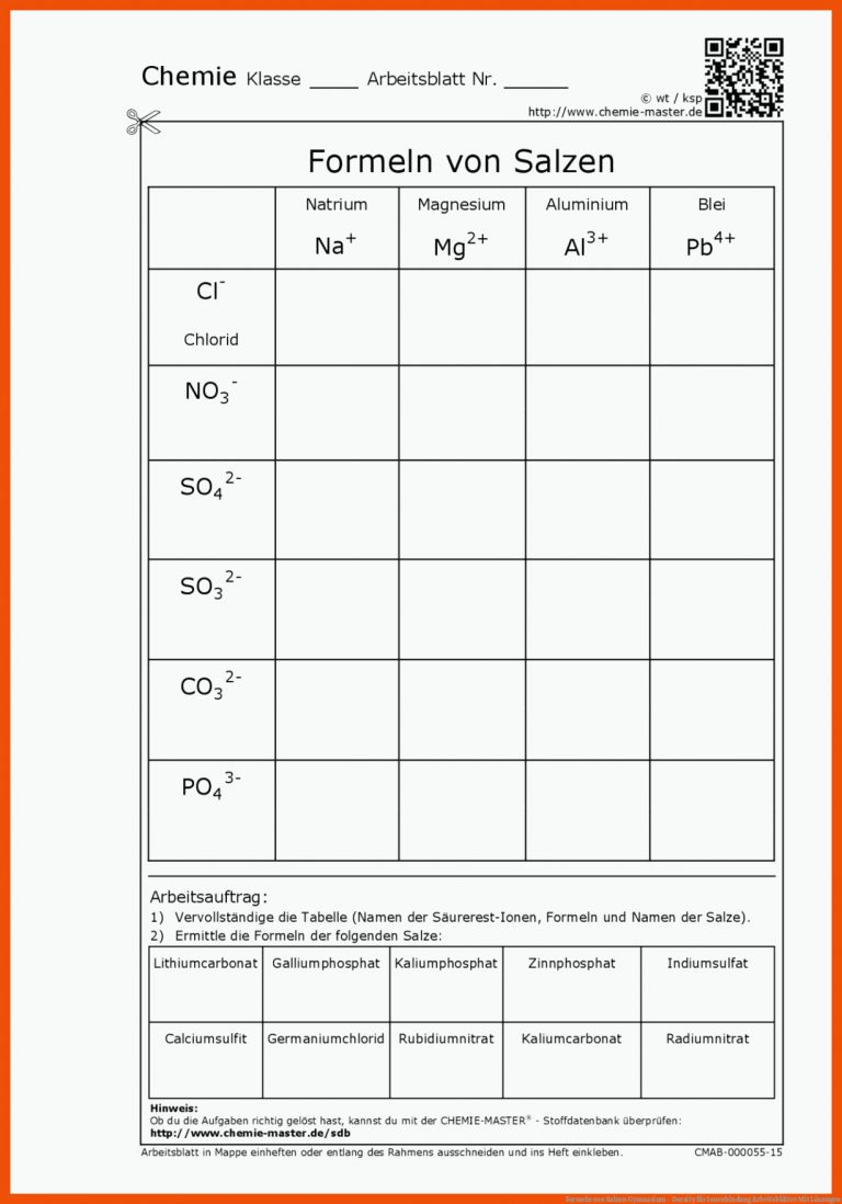 Formeln von Salzen | Gymnasium - Docsity für ionenbindung arbeitsblätter mit lösungen