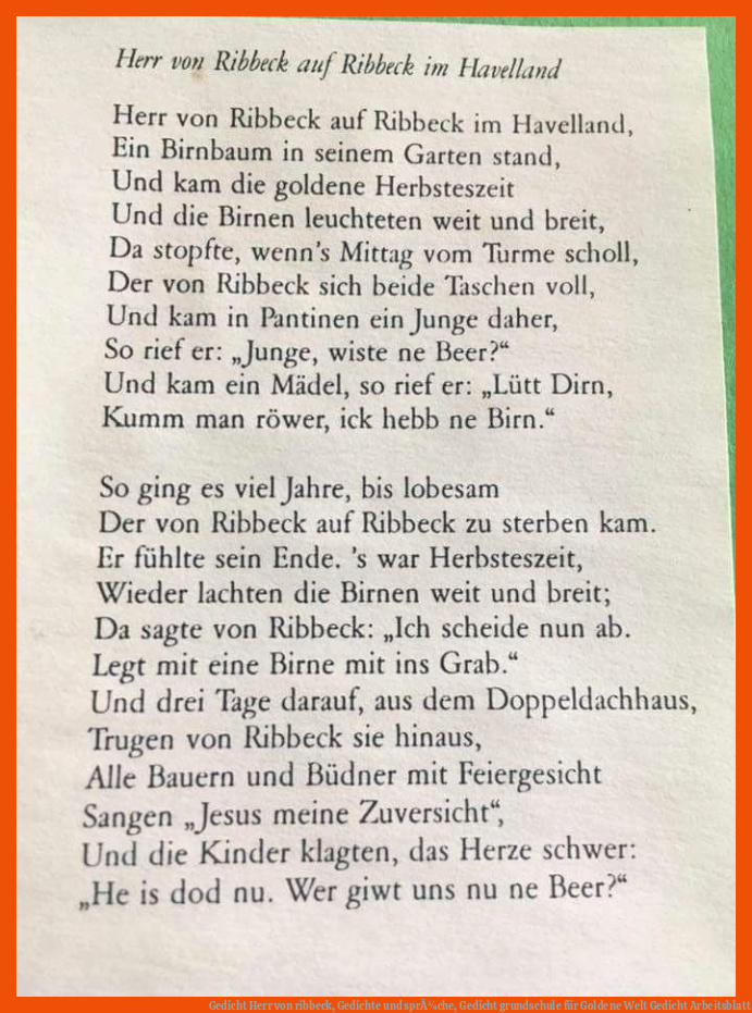 Gedicht | Herr von ribbeck, Gedichte und sprÃ¼che, Gedicht grundschule für goldene welt gedicht arbeitsblatt