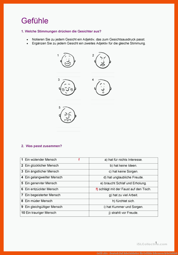 GefÃ¼hle - Deutsch Daf Arbeitsblatter für gefühle erkennen arbeitsblatt