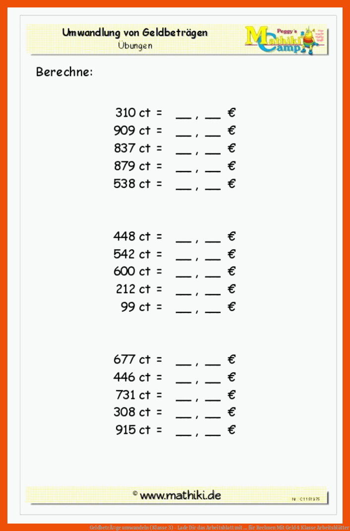 GeldbetrÃ¤ge umwandeln (Klasse 3) - Lade Dir das Arbeitsblatt mit ... für rechnen mit geld 4 klasse arbeitsblätter