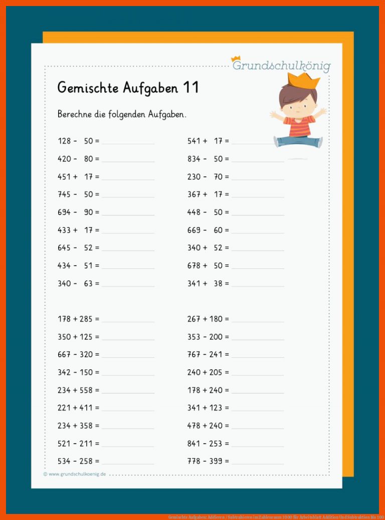 Gemischte Aufgaben: Addieren / Subtrahieren Im Zahlenraum 1000 Fuer Arbeitsblatt Addition Und Subtraktion Bis 100