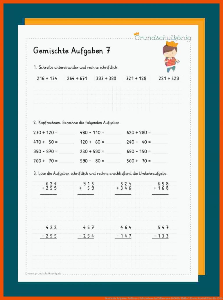Gemischte Aufgaben: Addieren / Subtrahieren im Zahlenraum 1000 für mathe 3.klasse arbeitsblätter bis 1000