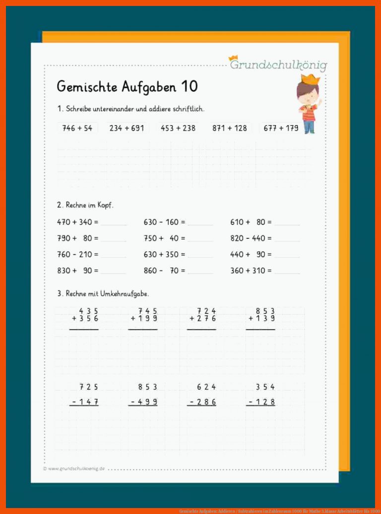 Gemischte Aufgaben: Addieren / Subtrahieren im Zahlenraum 1000 für mathe 3.klasse arbeitsblätter bis 1000