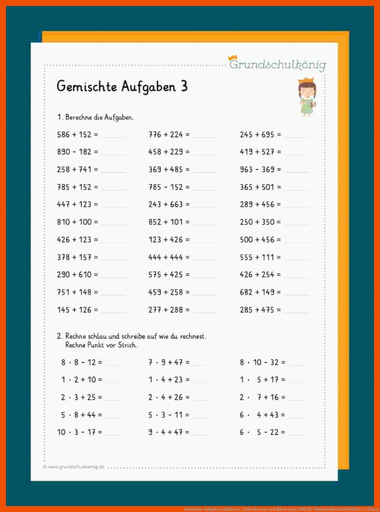 Gemischte Aufgaben: Addieren / Subtrahieren im Zahlenraum 1000 für mathematik arbeitsblätter 3. klasse