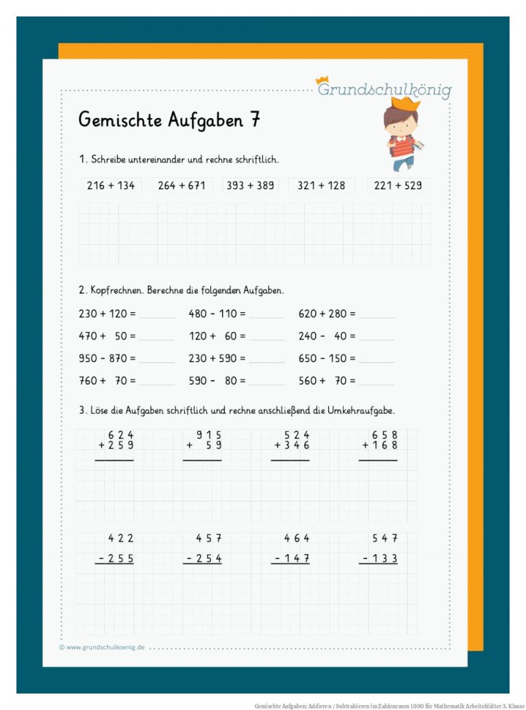 Gemischte Aufgaben: Addieren / Subtrahieren im Zahlenraum 1000 für Mathematik Arbeitsblätter 3. Klasse