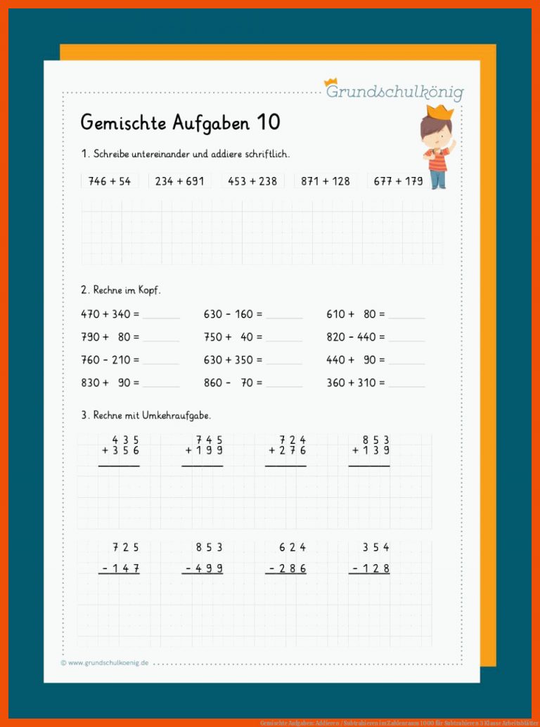 Gemischte Aufgaben: Addieren / Subtrahieren im Zahlenraum 1000 für subtrahieren 3 klasse arbeitsblätter