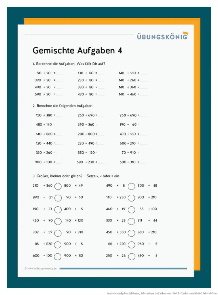 Gemischte Aufgaben: Addieren / Subtrahieren im Zahlenraum 1000 für Zahlenraum Bis 100 Arbeitsblätter