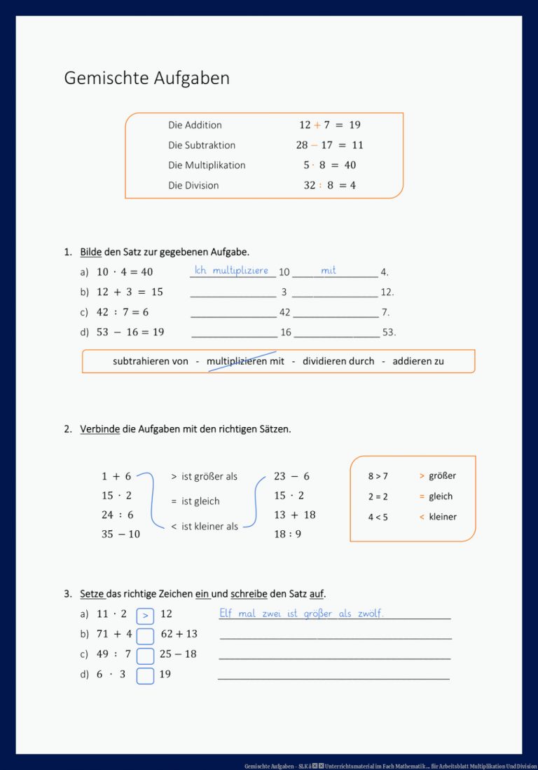 Gemischte Aufgaben - SLK â Unterrichtsmaterial im Fach Mathematik ... für arbeitsblatt multiplikation und division