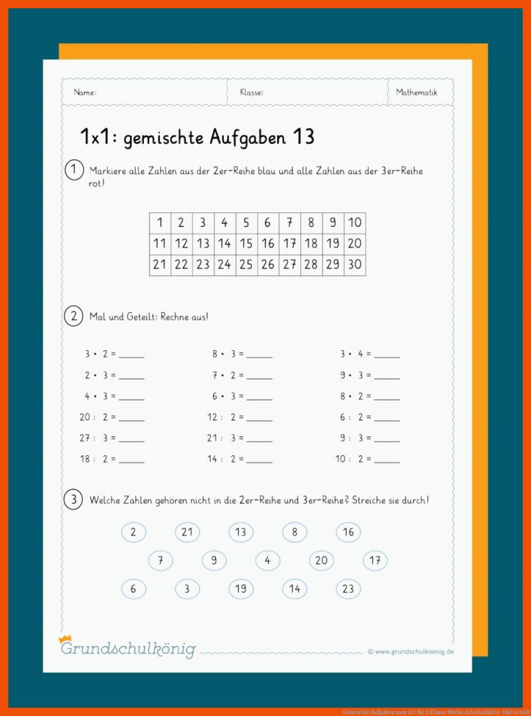 Gemischte Aufgaben zum 1x1 für 2 klasse mathe arbeitsblätter mal geteilt