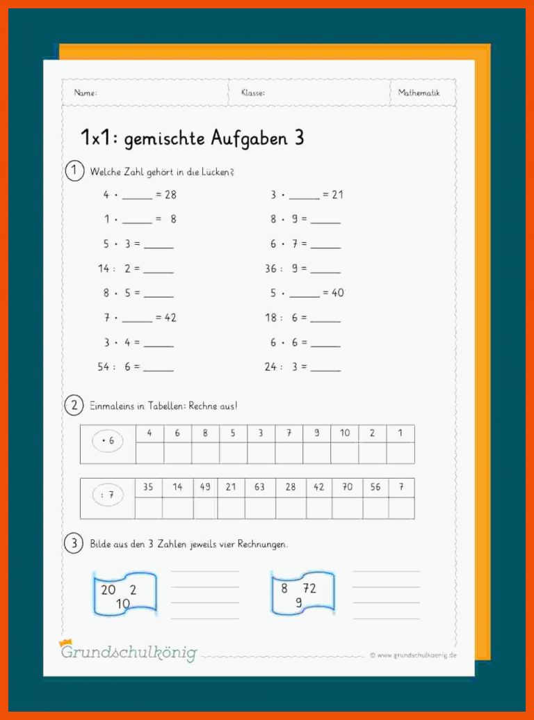 Gemischte Aufgaben zum 1x1 für arbeitsblatt matheaufgaben klasse 6