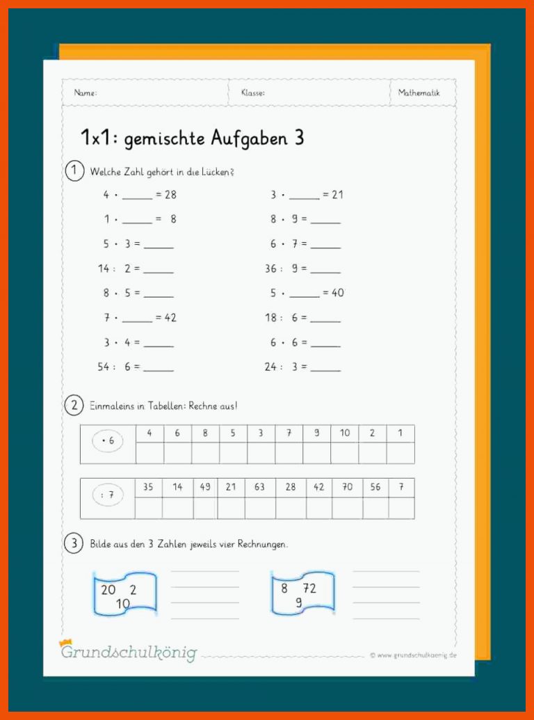 Gemischte Aufgaben Zum 1x1 Fuer Arbeitsblatt Matheaufgaben Klasse 6