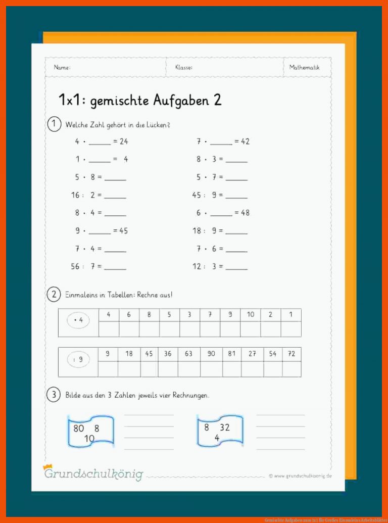 Gemischte Aufgaben zum 1x1 für großes einmaleins arbeitsblätter