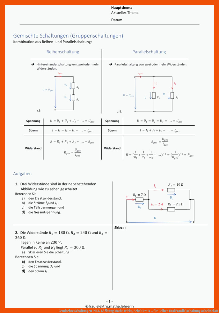 Gemischte Schaltungen INKL. LÃ¶sung | Mathe tricks, Schaltkreis ... für reihen und parallelschaltung arbeitsblatt