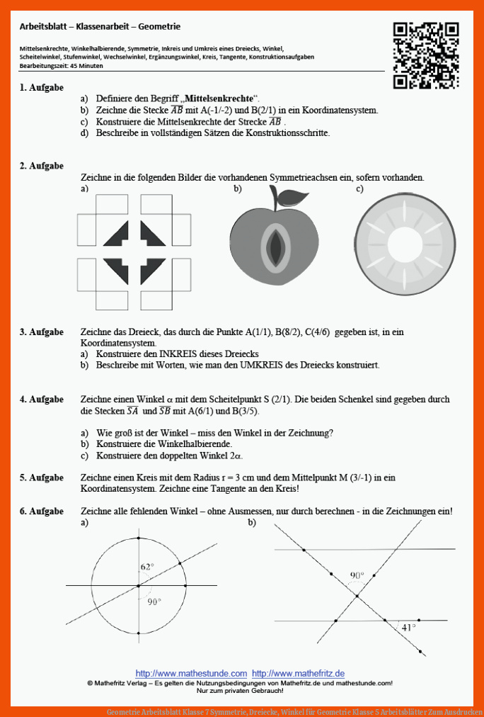 Geometrie Arbeitsblatt Klasse 7 | Symmetrie, Dreiecke, Winkel für geometrie klasse 5 arbeitsblätter zum ausdrucken