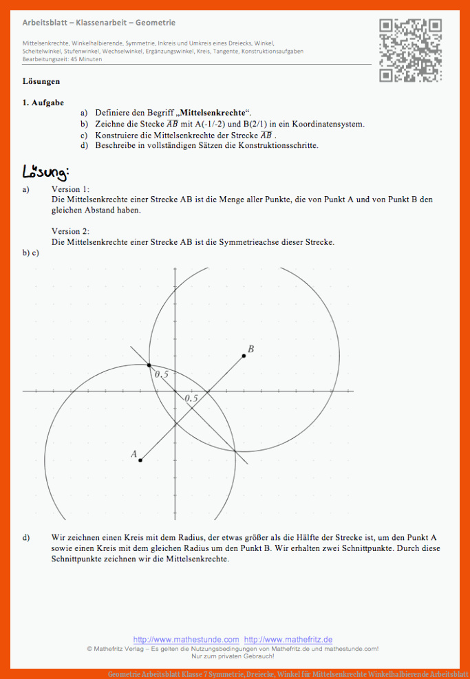 Geometrie Arbeitsblatt Klasse 7 | Symmetrie, Dreiecke, Winkel für mittelsenkrechte winkelhalbierende arbeitsblatt