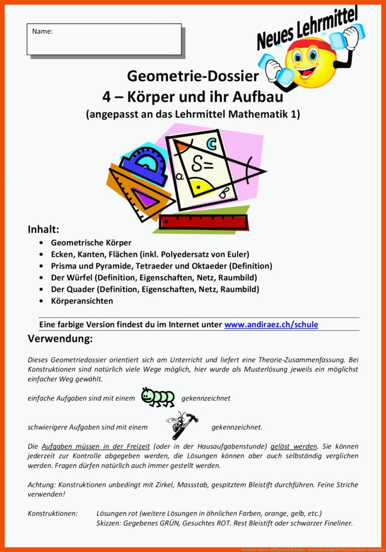 Geometrie-dossier: KÃ¶rper Und Ihr Aufbau - Docsity Fuer Schrägbild Würfel Und Quader Arbeitsblatt