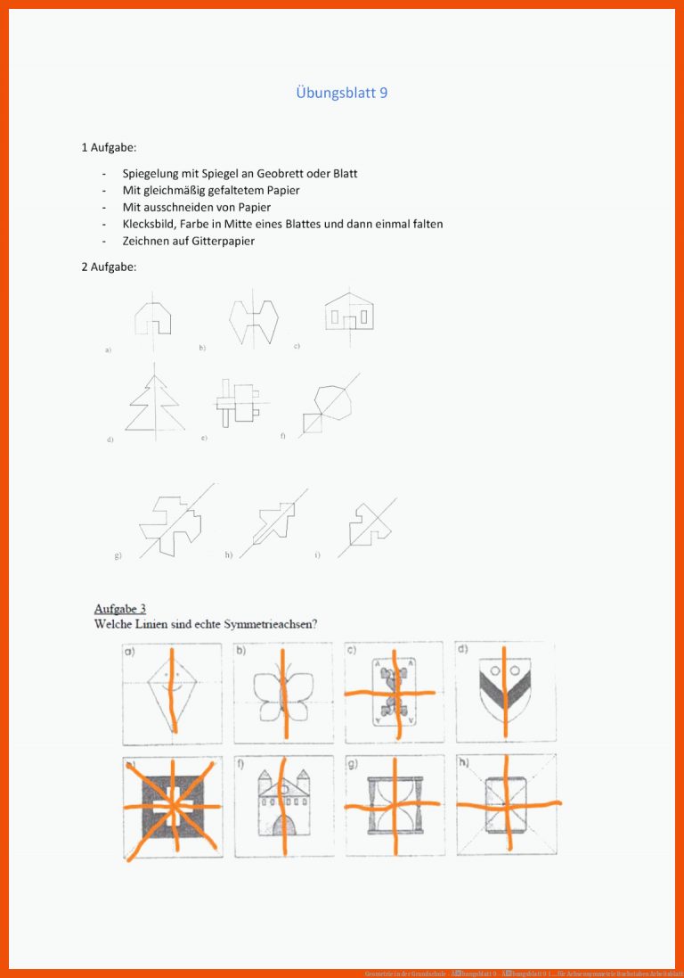 Geometrie in der Grundschule - Ãbungsblatt 9 - Ãbungsblatt 9 1 ... für achsensymmetrie buchstaben arbeitsblatt