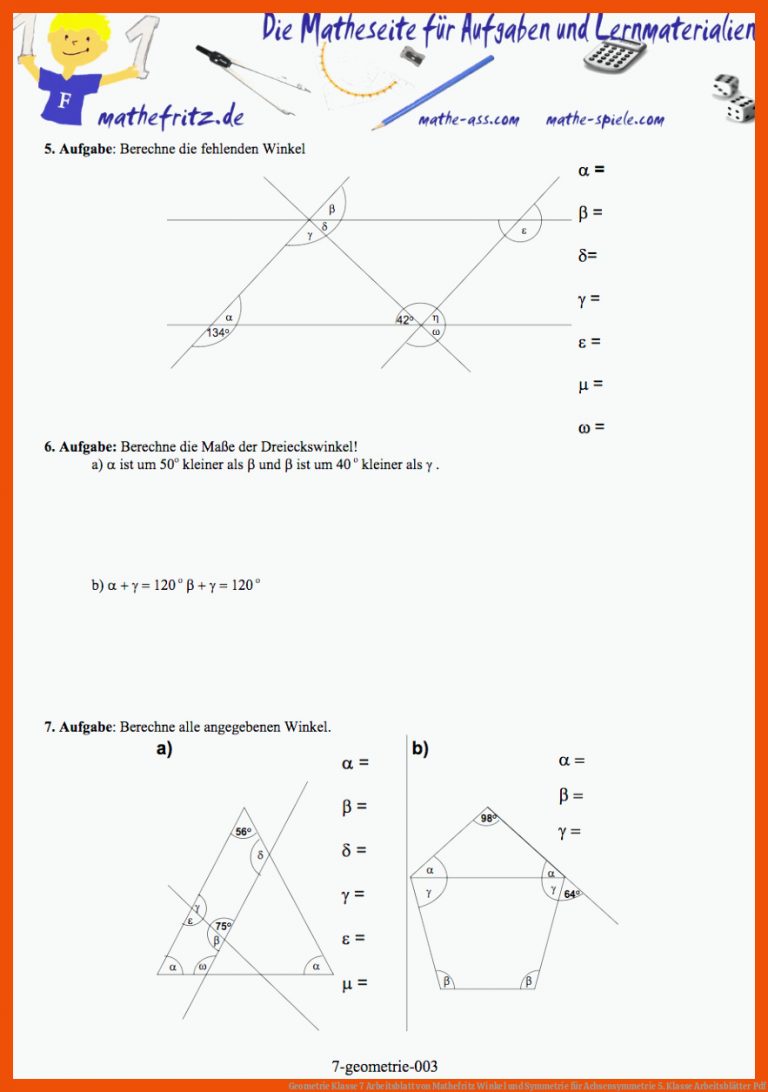 Geometrie Klasse 7 Arbeitsblatt von Mathefritz | Winkel und Symmetrie für achsensymmetrie 5. klasse arbeitsblätter pdf