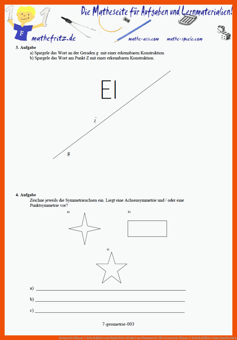 Geometrie Klasse 7 Arbeitsblatt von Mathefritz | Winkel und Symmetrie für geometrie klasse 5 arbeitsblätter zum ausdrucken