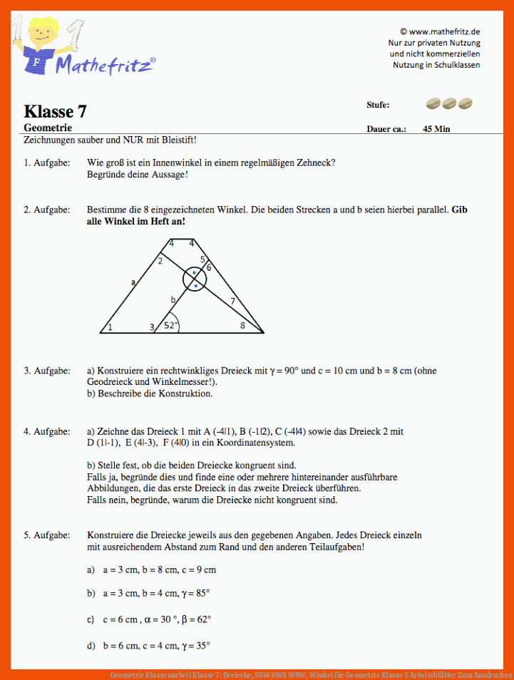 Geometrie Klassenarbeit Klasse 7: Dreiecke, SSW SWS WSW, Winkel für geometrie klasse 5 arbeitsblätter zum ausdrucken