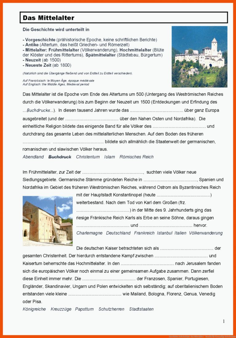 Geschichte Arbeitsblatt: Das Mittelalter - Docsity Fuer Kreuzzüge Arbeitsblatt